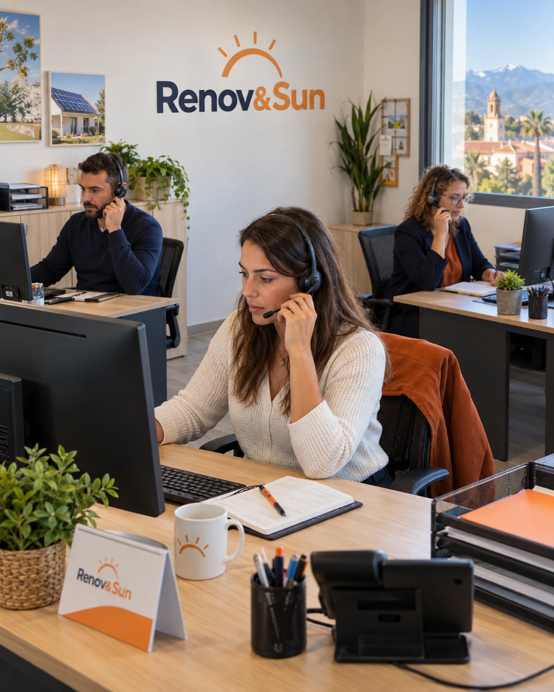 Standardiste et opérateurs Renov&Sun prenant des rendez-vous dans les locaux de Perpignan