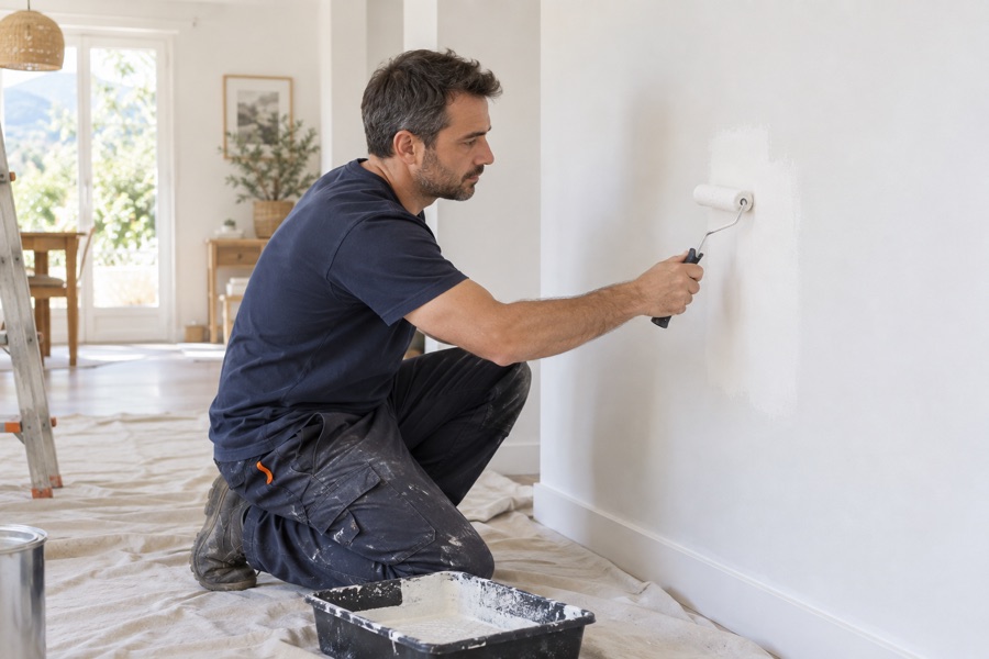 Illustration IA : retouche de peinture dans un logement lumineux