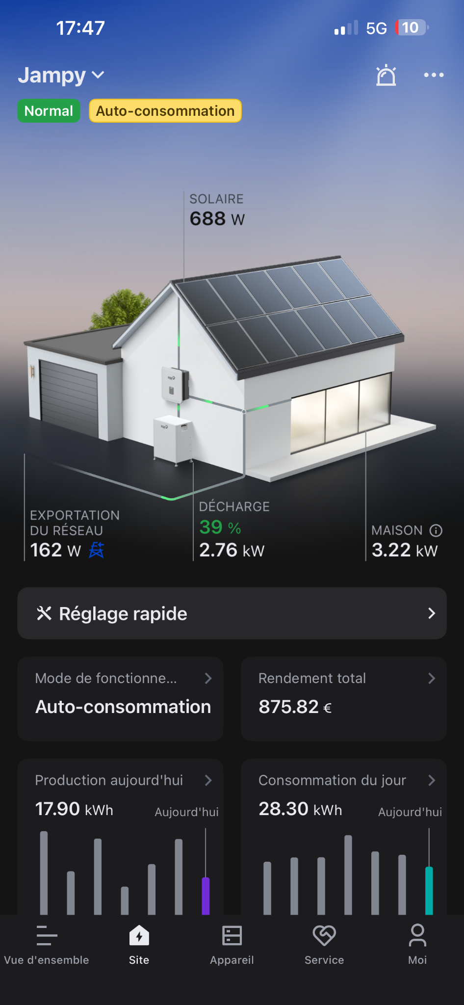 Capture réelle de suivi solaire montrant la production, la décharge de la batterie et la consommation du logement