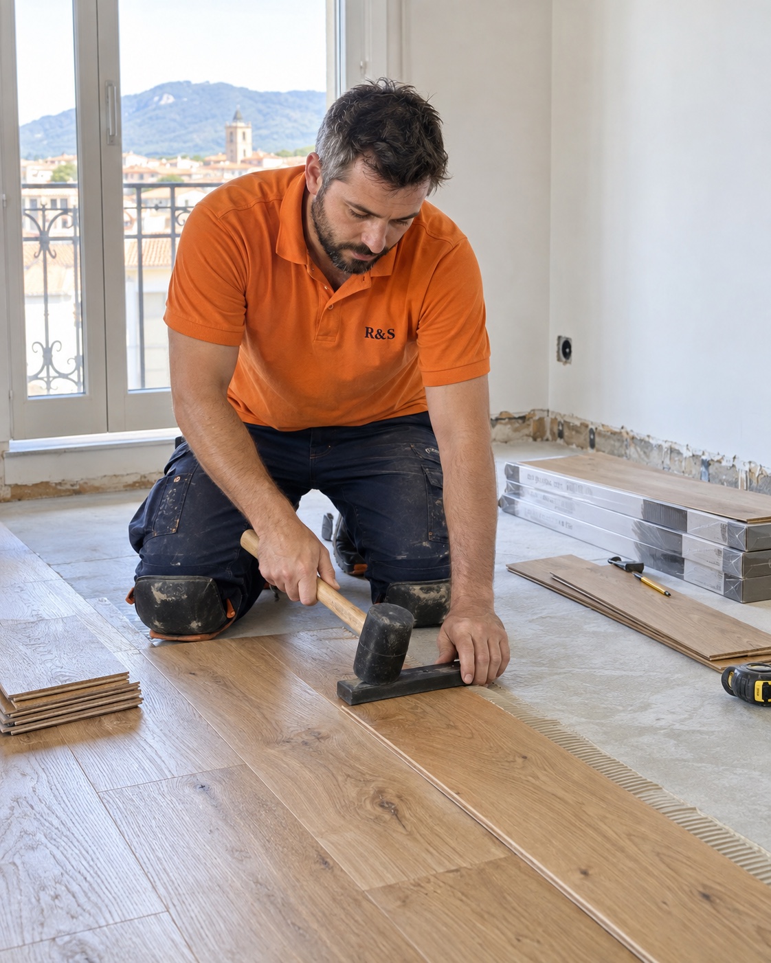Illustration de menuiserie intérieure : ajustement de lames de parquet