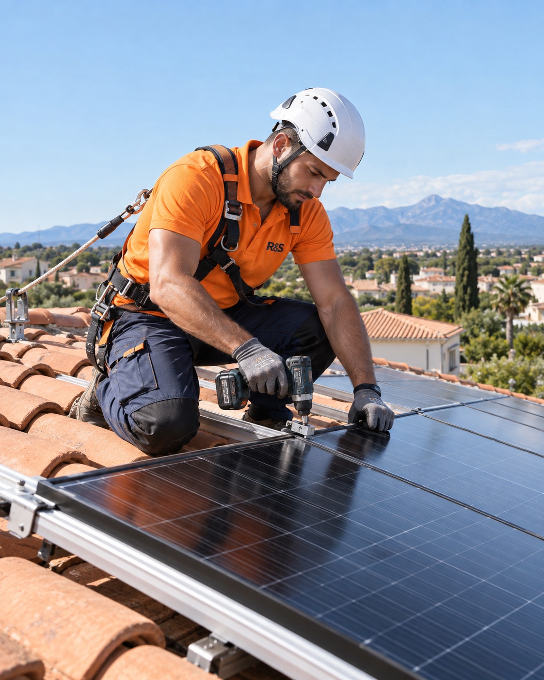 Technicien Renov&Sun posant des panneaux photovoltaïques sur une toiture près de Perpignan